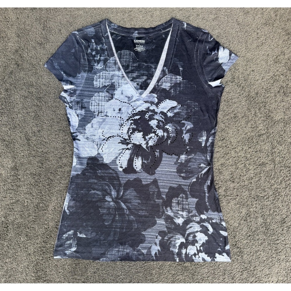 Express Womens Floral V-Neck Short Sleeve Rhinestone Top Black Grey Small